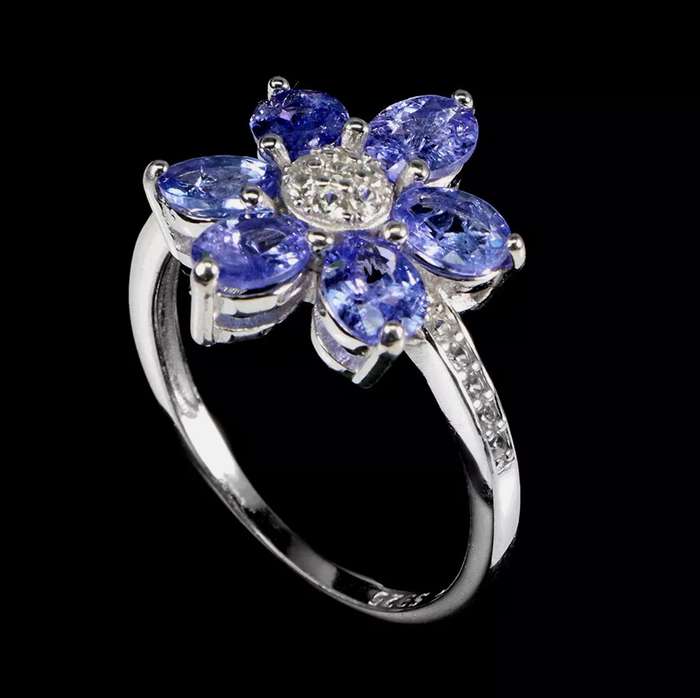 DELUXE Natural Unheated Tanzanite and AAA White CZ  Floral Ring in Solid .925 Silver Size US 8 /Q