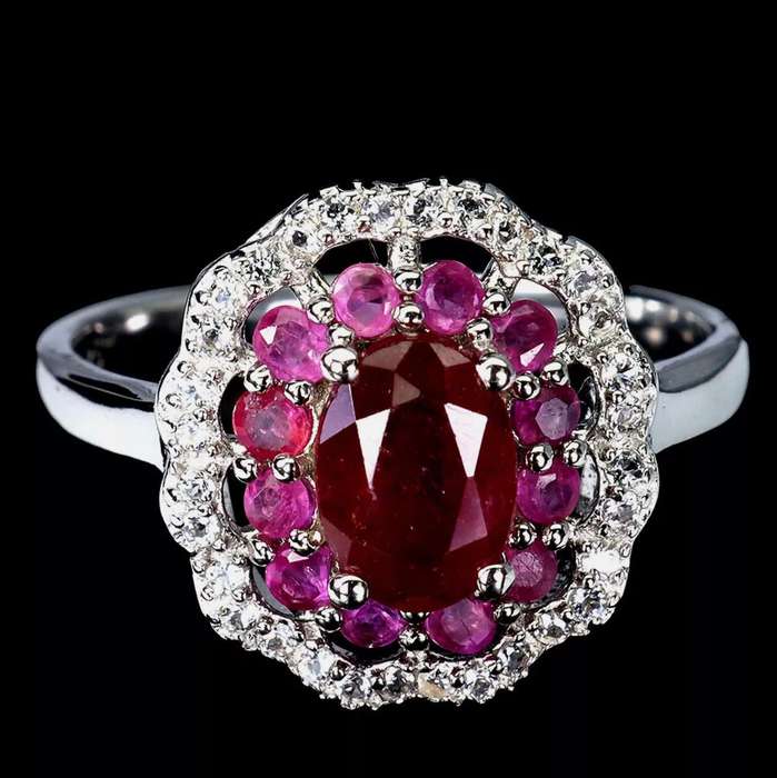 Deluxe Natural Ruby and White Cubic Zirconia set in Solid .925 Sterling Silver Ring Size US 7/O
