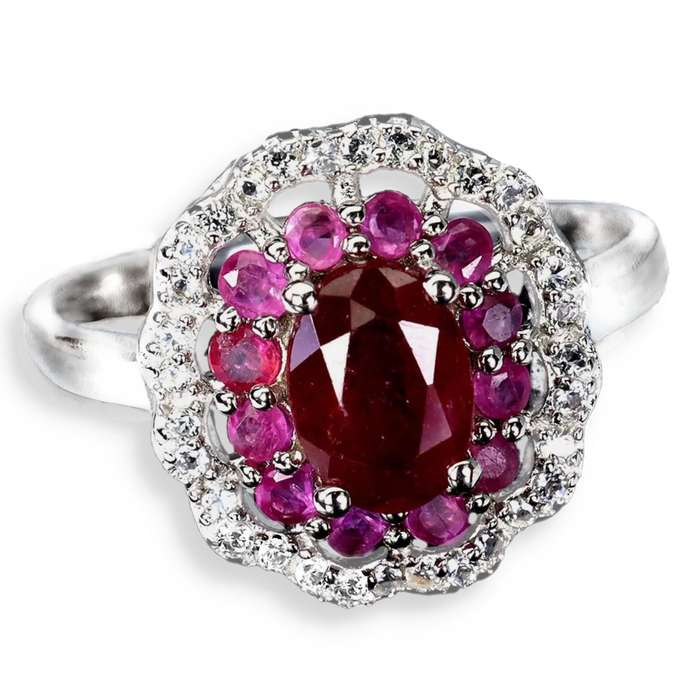 Deluxe Natural Ruby and White Cubic Zirconia set in Solid .925 Sterling Silver Ring Size US 7/O