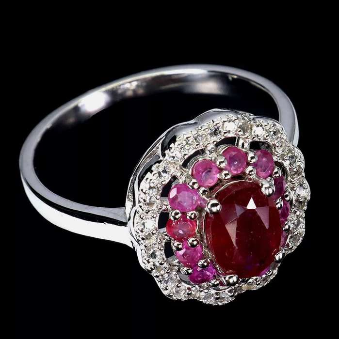 Deluxe Natural Ruby and White Cubic Zirconia set in Solid .925 Sterling Silver Ring Size US 7/O