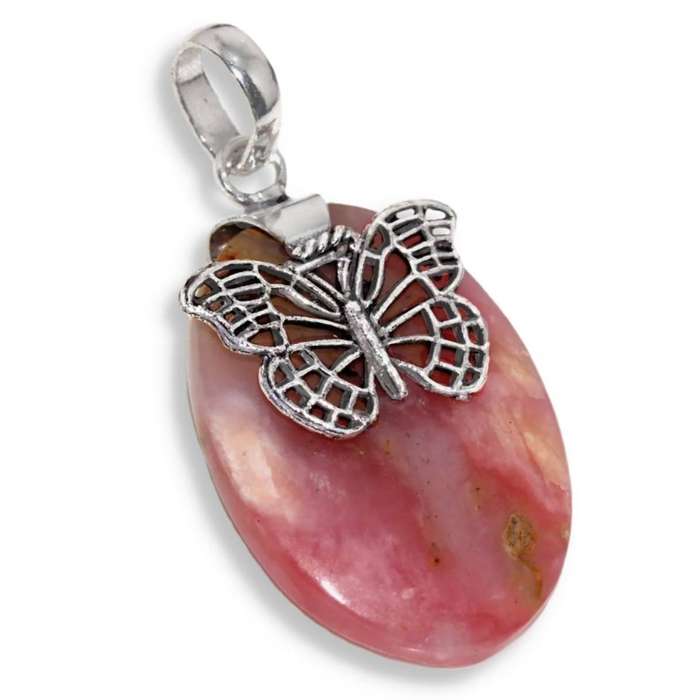 Natural Peruvian Pink Opal Oval Gemstone set in 925 Sterling Silver Plated Handmade Pendant
