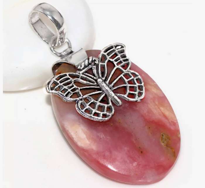 Natural Peruvian Pink Opal Oval Gemstone set in 925 Sterling Silver Plated Handmade Pendant