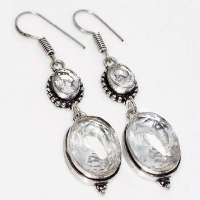 Clear Quartz Facet Cut Ovals set in .925 Sterling Silver Plated Handmade Antique Style Earrings