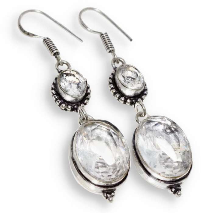 Clear Quartz Facet Cut Ovals set in .925 Sterling Silver Plated Handmade Antique Style Earrings