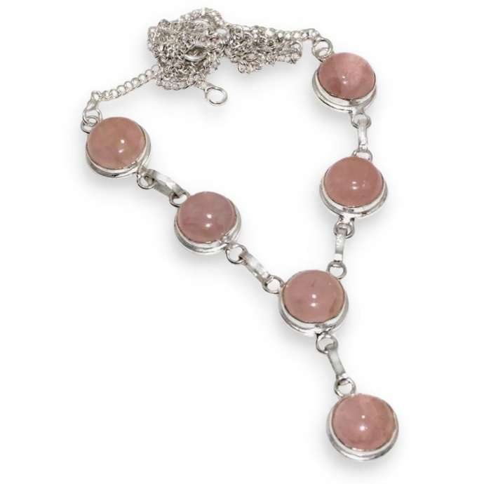 Natural Rose Quartz Round Gemstones set in .925 Sterling Silver Plated Handmade Elegant Necklace