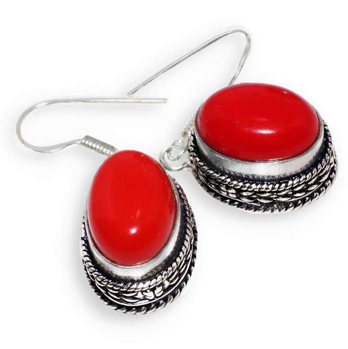 Red Coral Oval Handmade set in Antique Style 925 Sterling Silver Plated Earrings