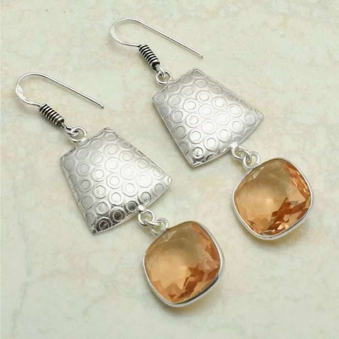 Morganite Squares set in Embossed .925 Sterling Silver Plated Handmade Earrings