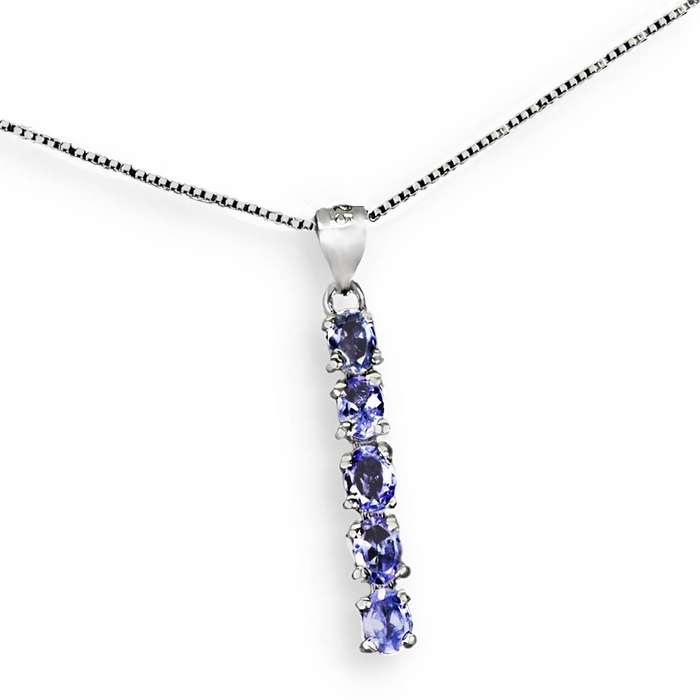 5 Dainty Natural Unheated Tanzanite Oval Gemstones set in Solid .925 Silver & White Gold Necklace