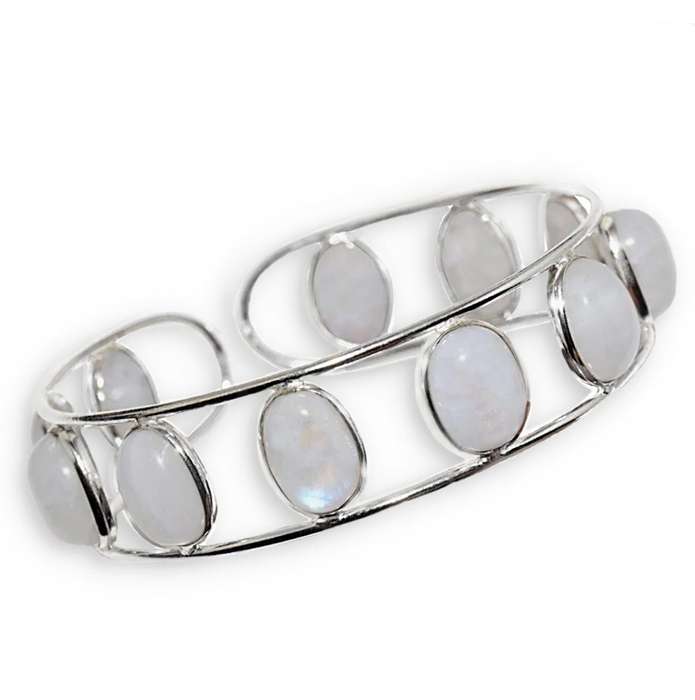 Natural Rainbow Moonstone  Gemstone Ovals set in .925 Sterling Silver Plated Adjustable Bangle