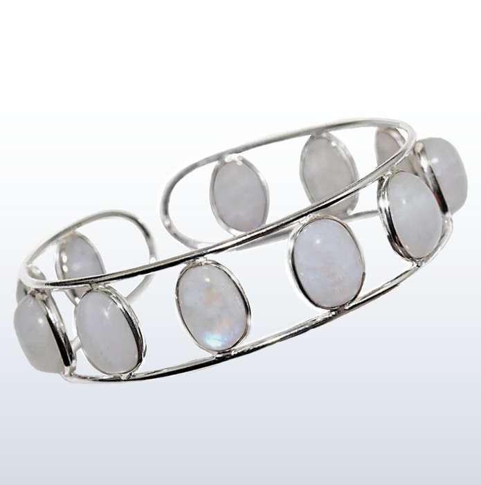 Natural Rainbow Moonstone  Gemstone Ovals set in .925 Sterling Silver Plated Adjustable Bangle