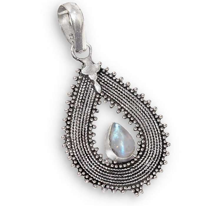 Natural Rainbow Moonstone Pear set in Antique Style .925 Sterling Silver Plated Handmade Pendant