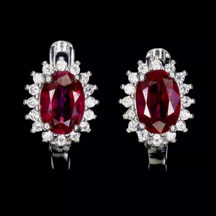 Deluxe Natural Red Pink Ruby and White CZ Set in Solid .925 Sterling Silver 14K W/ Gold Earrings