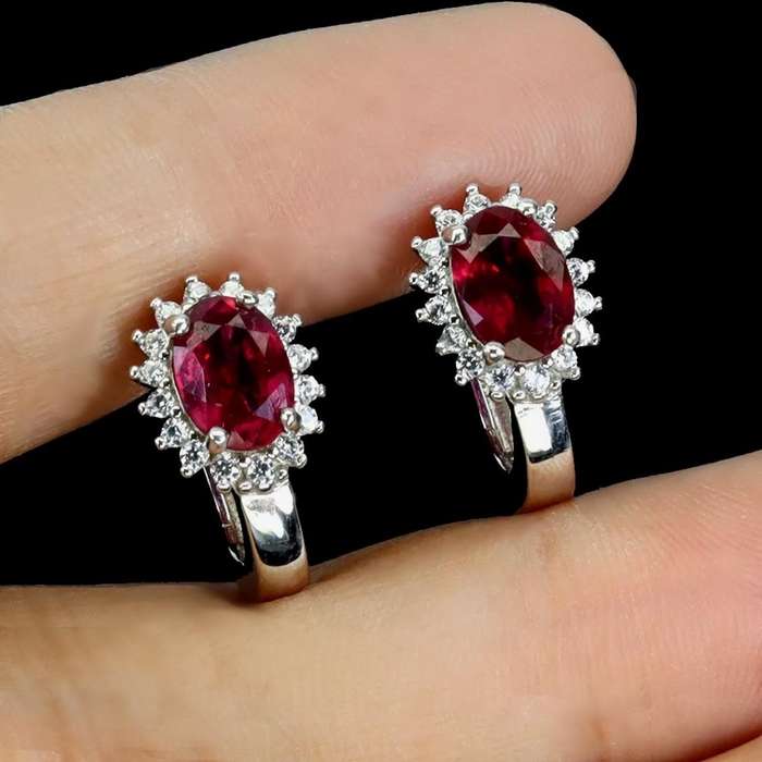 Deluxe Natural Red Pink Ruby and White CZ Set in Solid .925 Sterling Silver 14K W/ Gold Earrings