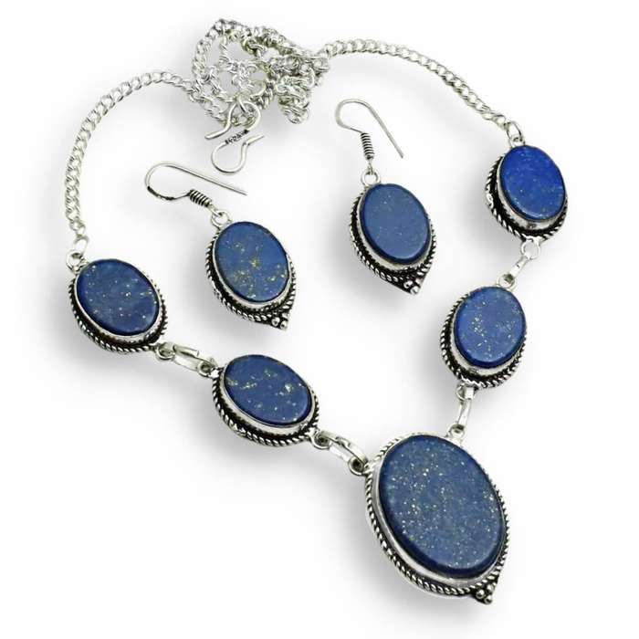 Handmade Lapis Lazuli Ovals set in .925 Sterling Silver Plated Antique Style Necklace Earrings Set