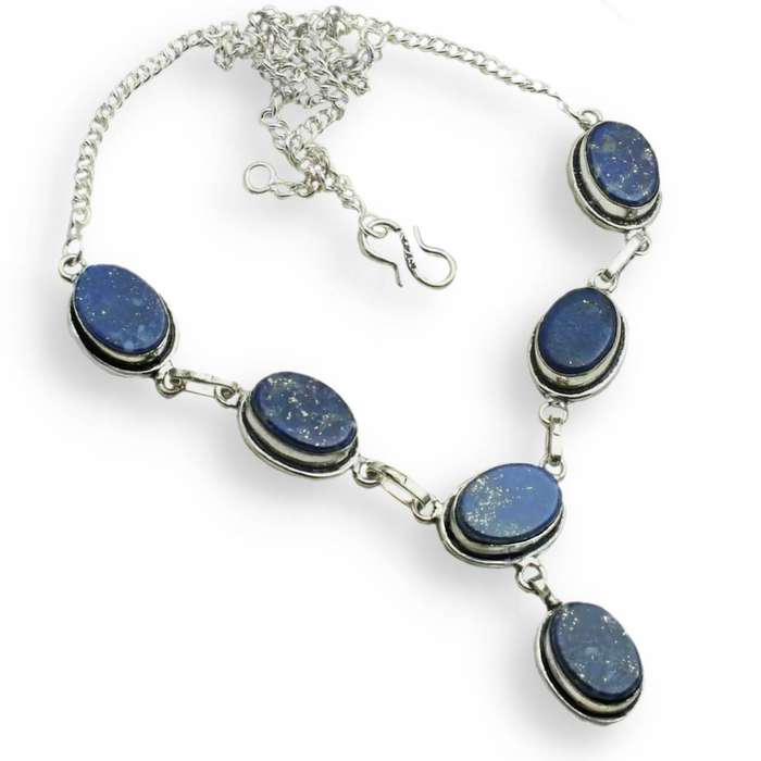 Dainty Natural Lapis Lazuli Ovals set in .925 Sterling Silver Plated Antique Style Necklace