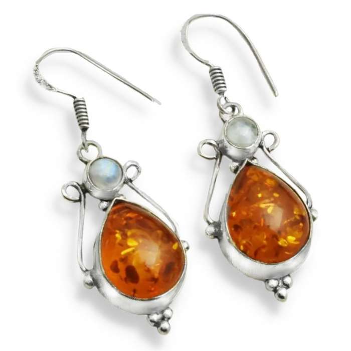 Pressed Amber and Rainbow Moonstone set In .925 Sterling Silver Plated Handmade Drop Dangle Earrings