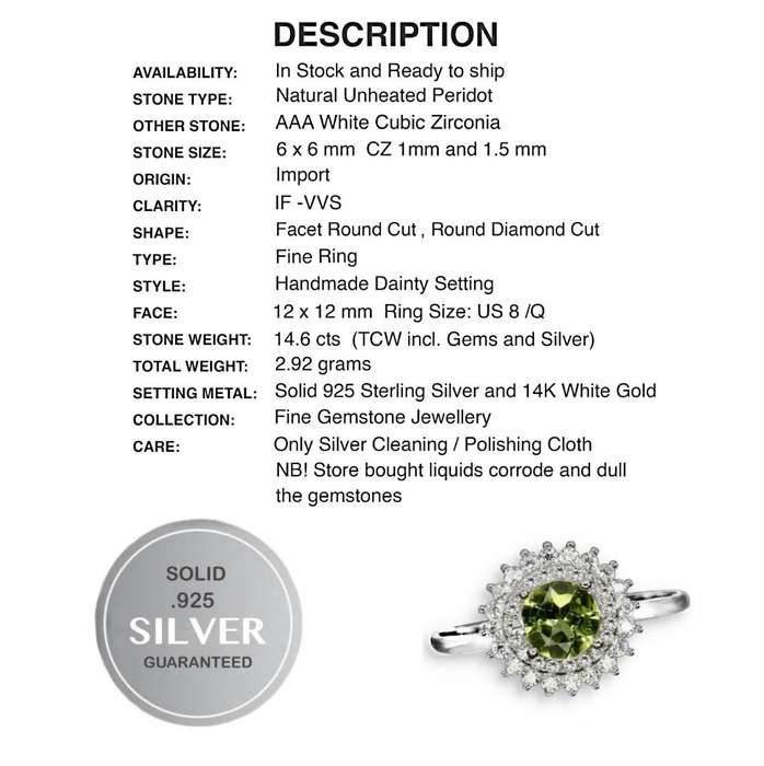 Natural Unheated Round Peridot White CZ Gemstone set in Solid .925 Sterling Silver Ring Size 8 / Q
