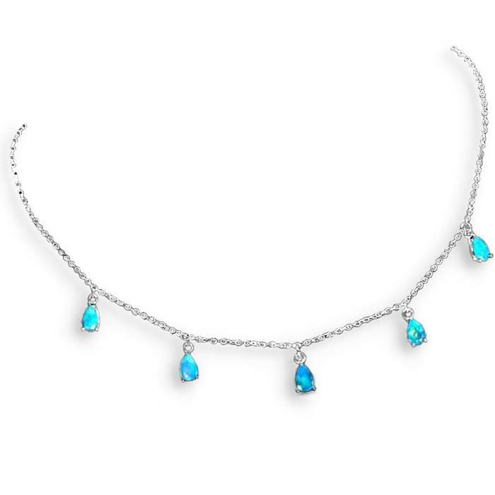 Natural Unheated Blue Fire Opal Gemstone Pears set in Solid .925 Sterling 14K W/Gold Dainty Necklace