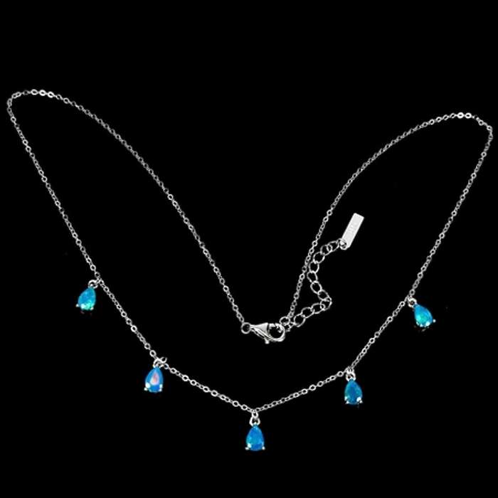 Natural Unheated Blue Fire Opal Gemstone Pears set in Solid .925 Sterling 14K W/Gold Dainty Necklace