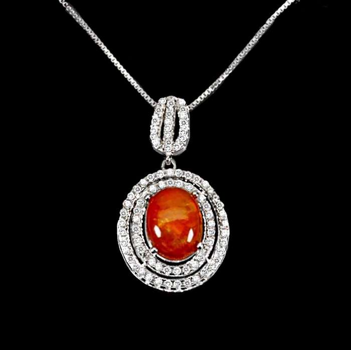 Natural Top Rich Mexican Orange Opal & White Cubic Zirconia Solid .925 Sterling Silver Necklace