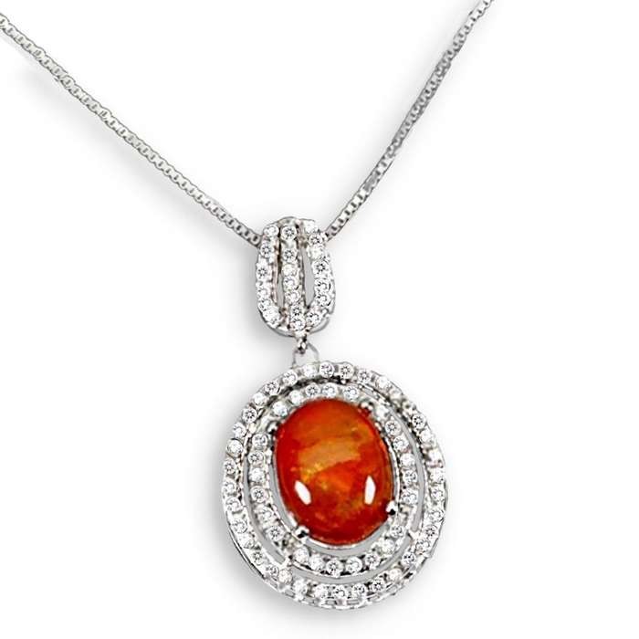 Natural Top Rich Mexican Orange Opal & White Cubic Zirconia Solid .925 Sterling Silver Necklace