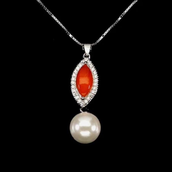 Natural Top Rich Mexican Orange Opal & White CZ Freshwater Pearl Solid .925 Sterling Silver Necklace
