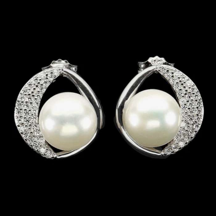 Natural Cultured Freshwater White Pearl, White CZ set in Solid .925 Sterling Silver Stud Earrings