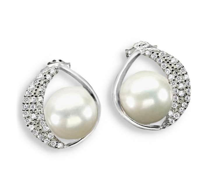 Natural Cultured Freshwater White Pearl, White CZ set in Solid .925 Sterling Silver Stud Earrings