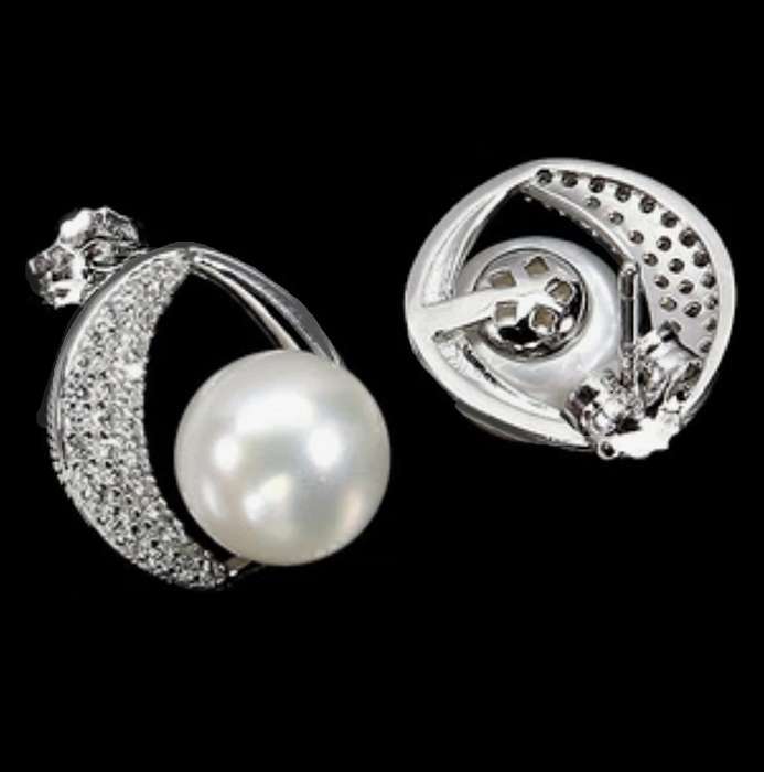 Natural Cultured Freshwater White Pearl, White CZ set in Solid .925 Sterling Silver Stud Earrings