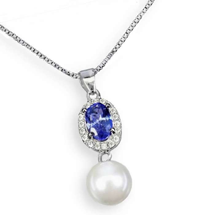 Natural Unheated Tanzanite and White CZ White Pearl set in Solid .925 Silver & White Gold Necklace