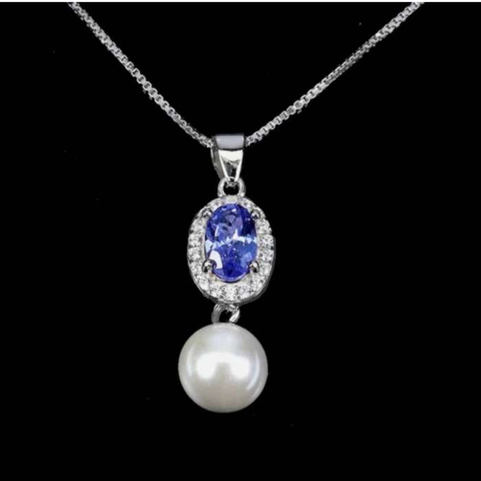 Natural Unheated Tanzanite and White CZ White Pearl set in Solid .925 Silver & White Gold Necklace