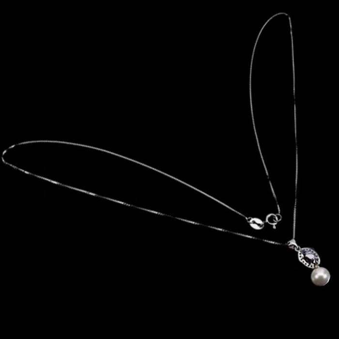 Natural Unheated Tanzanite and White CZ White Pearl set in Solid .925 Silver & White Gold Necklace