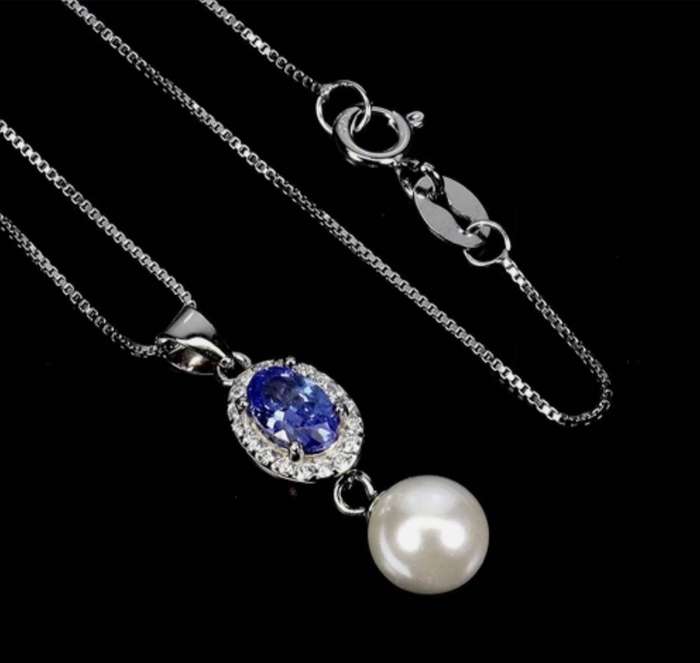 Natural Unheated Tanzanite and White CZ White Pearl set in Solid .925 Silver & White Gold Necklace
