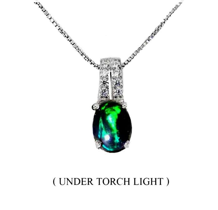 Dainty Natural Rainbow Flash Black Fire Opal Solid.925 Sterling Silver 14K White Gold Necklace