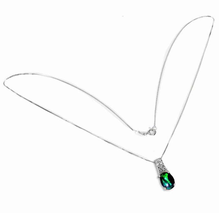 Dainty Natural Rainbow Flash Black Fire Opal Solid.925 Sterling Silver 14K White Gold Necklace