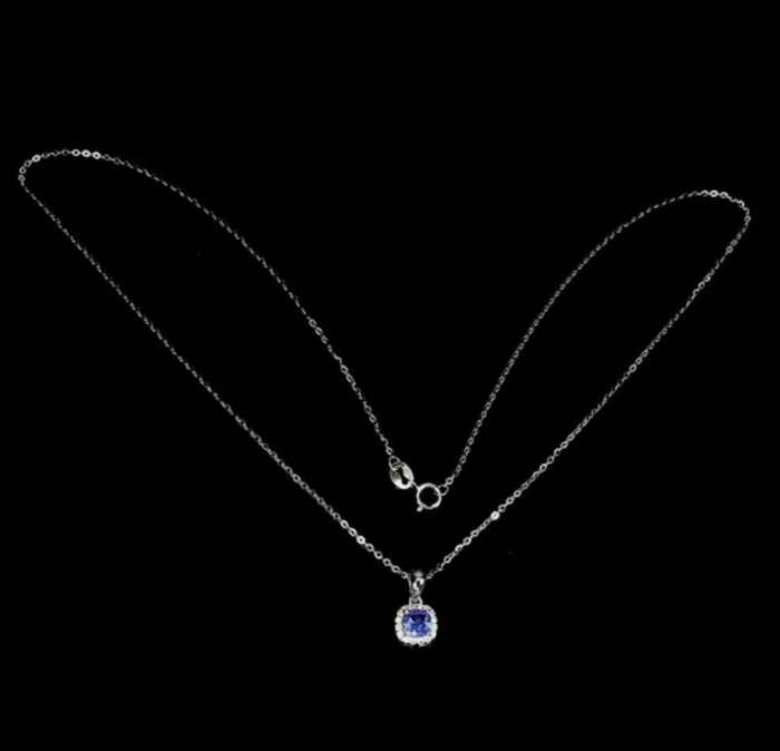 Dainty Natural Unheated Tanzanite Square and White CZ set in Solid .925 Silver & White Gold Necklace