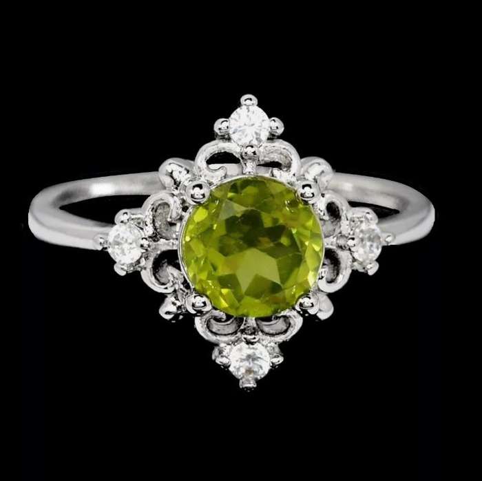 Natural Unheated Round Peridot White CZ Gemstone set in Solid .925 Sterling Silver Ring Size 7 / 0