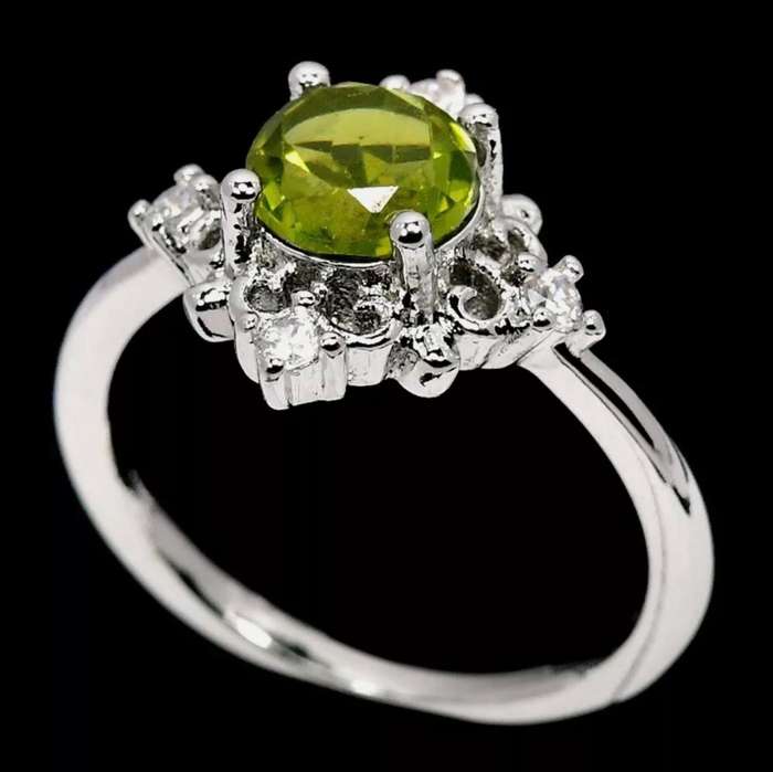 Natural Unheated Round Peridot White CZ Gemstone set in Solid .925 Sterling Silver Ring Size 7 / 0