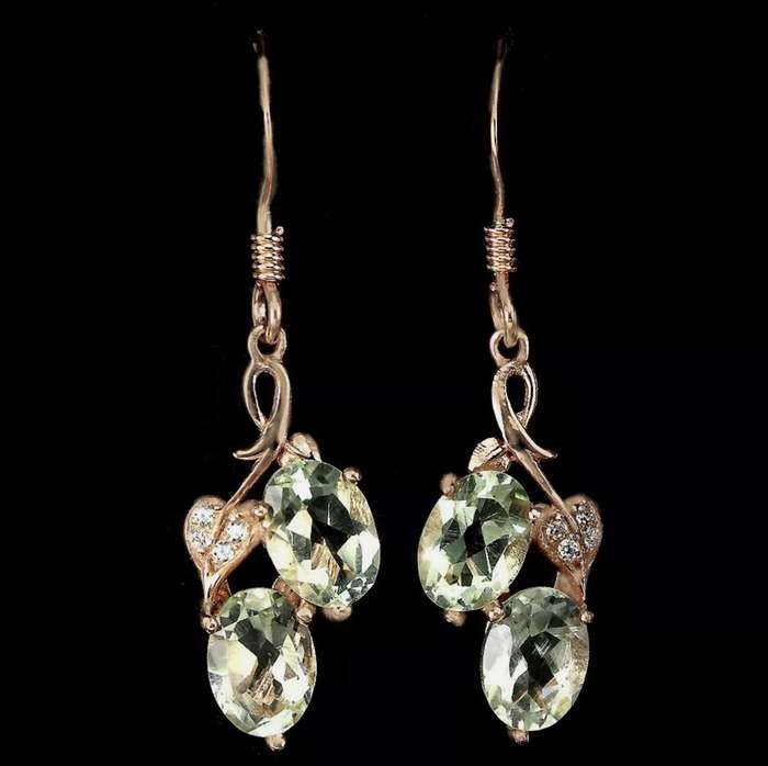 Natural Green Amethyst Oval Gemstones AAA White CZ Solid .925 Sterling Silver 14K Rose Gold Earrings