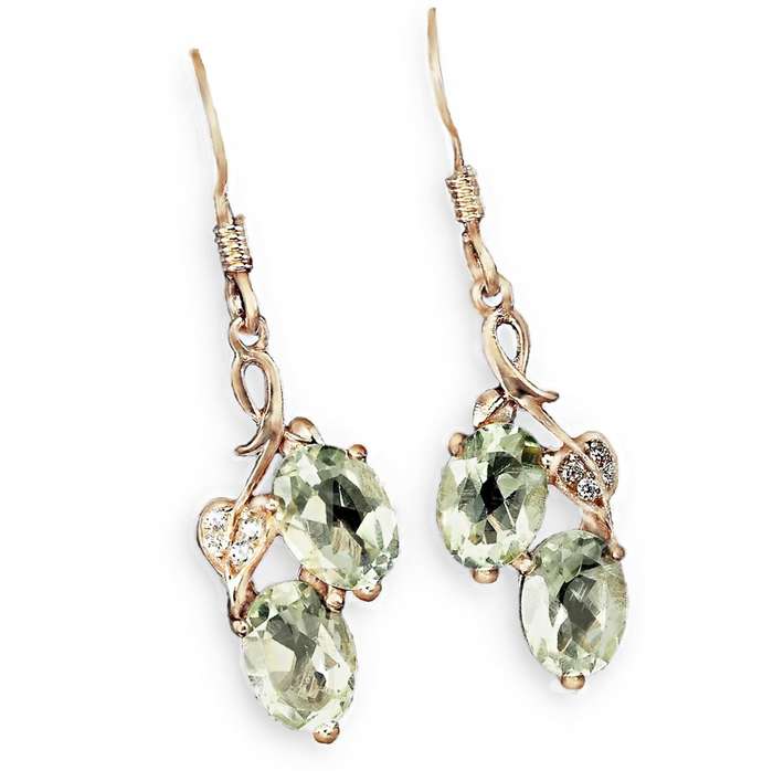 Natural Green Amethyst Oval Gemstones AAA White CZ Solid .925 Sterling Silver 14K Rose Gold Earrings