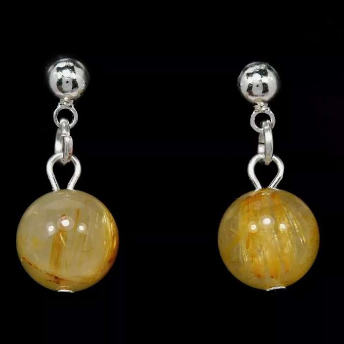 Natural Golden Rutile Quartz set In Solid .925 Sterling Silver 14K White Gold Dainty Stud Earrings