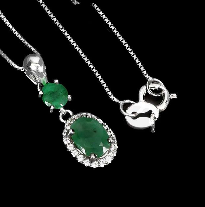 Deluxe Natural Unheated Brazilian Emerald Solid .925 Sterling Silver 14k White Gold Necklace