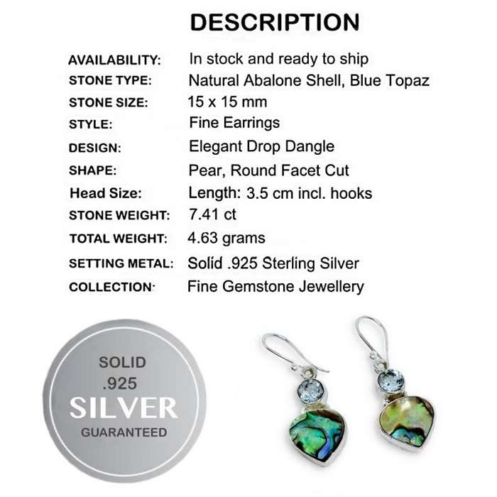 Natural Abalone Shell and Blue Topaz set in Gemstone Solid 925 Sterling Silver Handmade Earrings