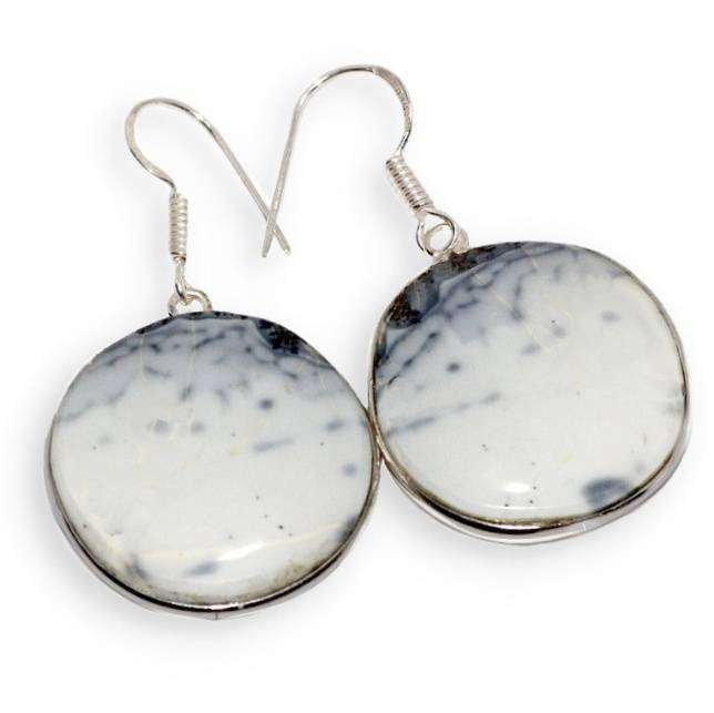 Natural Dendritic Opal Round Gemstone set in 925 Sterling Silver Plated Handmade Earrings