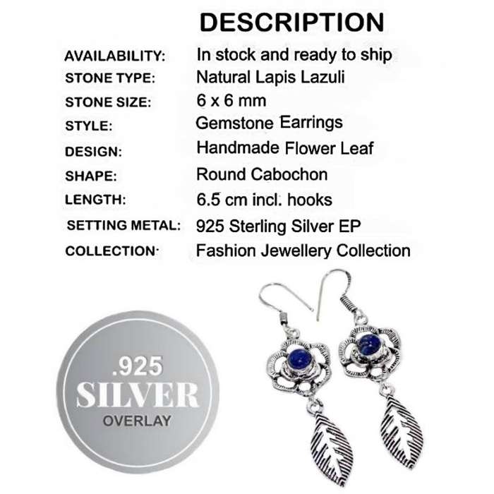 Natural Round Lapis Lazuli Gemstone set in .925 Sterling Silver Plated Floral Leaf Set Earrings