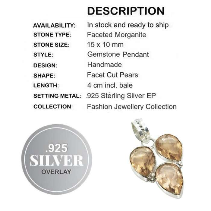 Faceted Morganite Pears Set in .925 Sterling Silver Plated Handmade Pendant