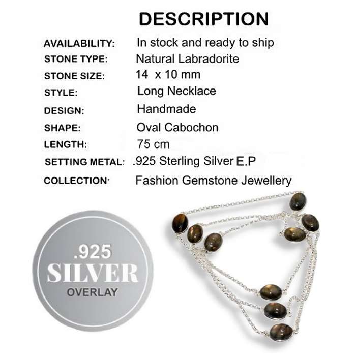 75 cm Natural Labradorite Oval Gemstones set in 925 Sterling Silver Plated Handmade Long Necklace
