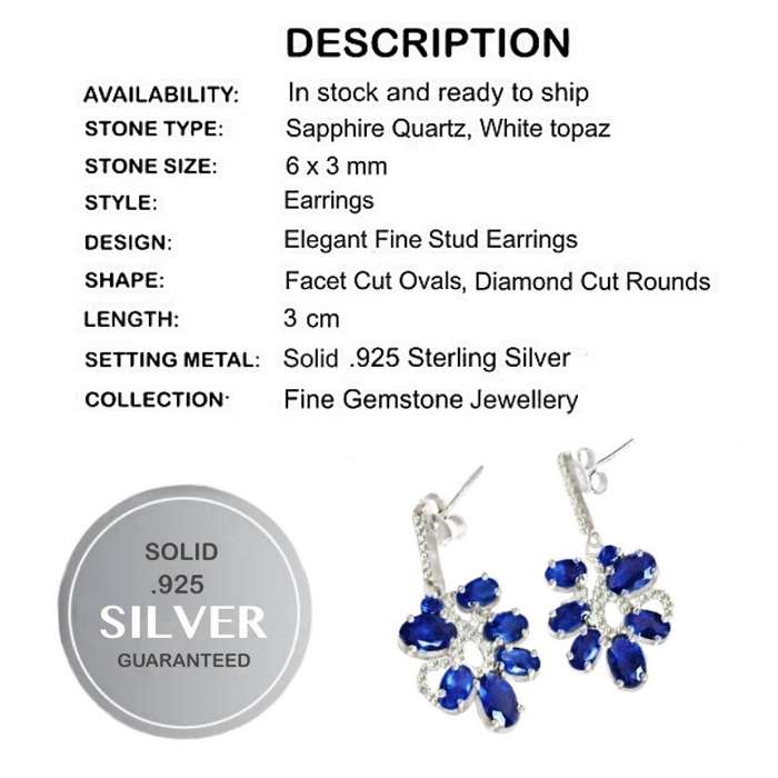 Dainty Blue Sapphire & White Cubic Zirconia in Solid .925 Sterling Silver Stud Drop Dangle Earrings