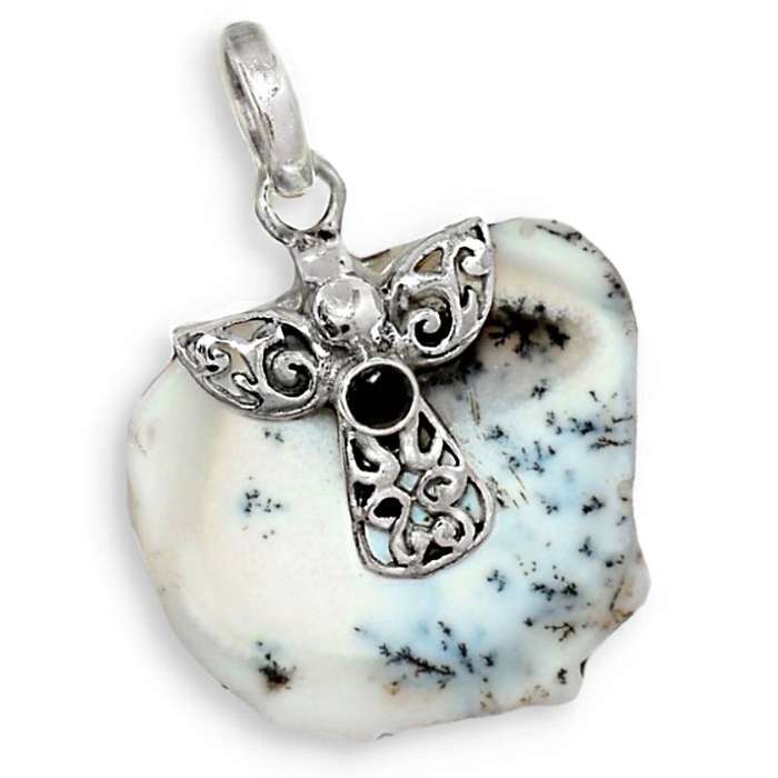 Natural Merlinite Dendritic Opal Rough Shape Black Onyx set in Solid. 925 Sterling Silver Pendant