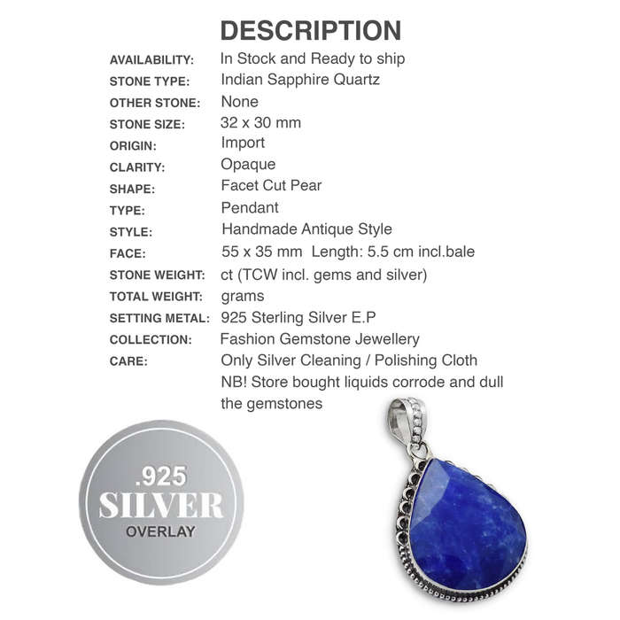 Indian Sapphire Quartz Simulated Pear set in Antique Style .925 Sterling Silver Plated Pendant